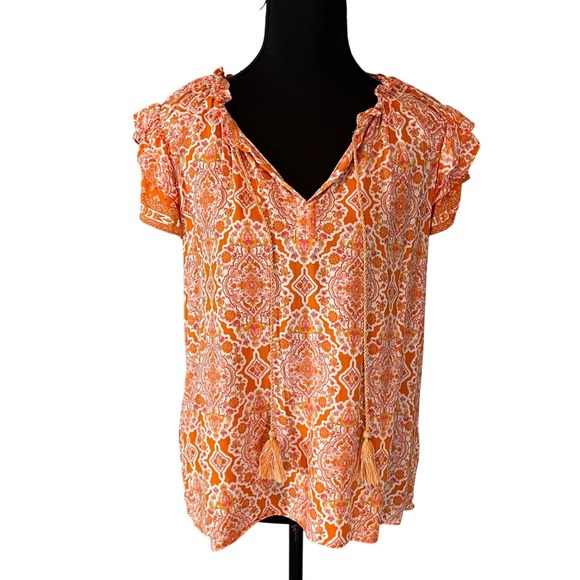 Rose + Olive Tops - Rose + Olive Orange Paisley‎ Print Tie Neck Ruffle Sleeve Blouse Top Womens Sz L